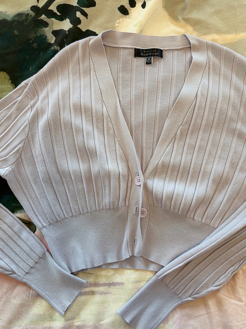 Blue Blush Lavender Ribbed V-Neck Buttoned Cardigan